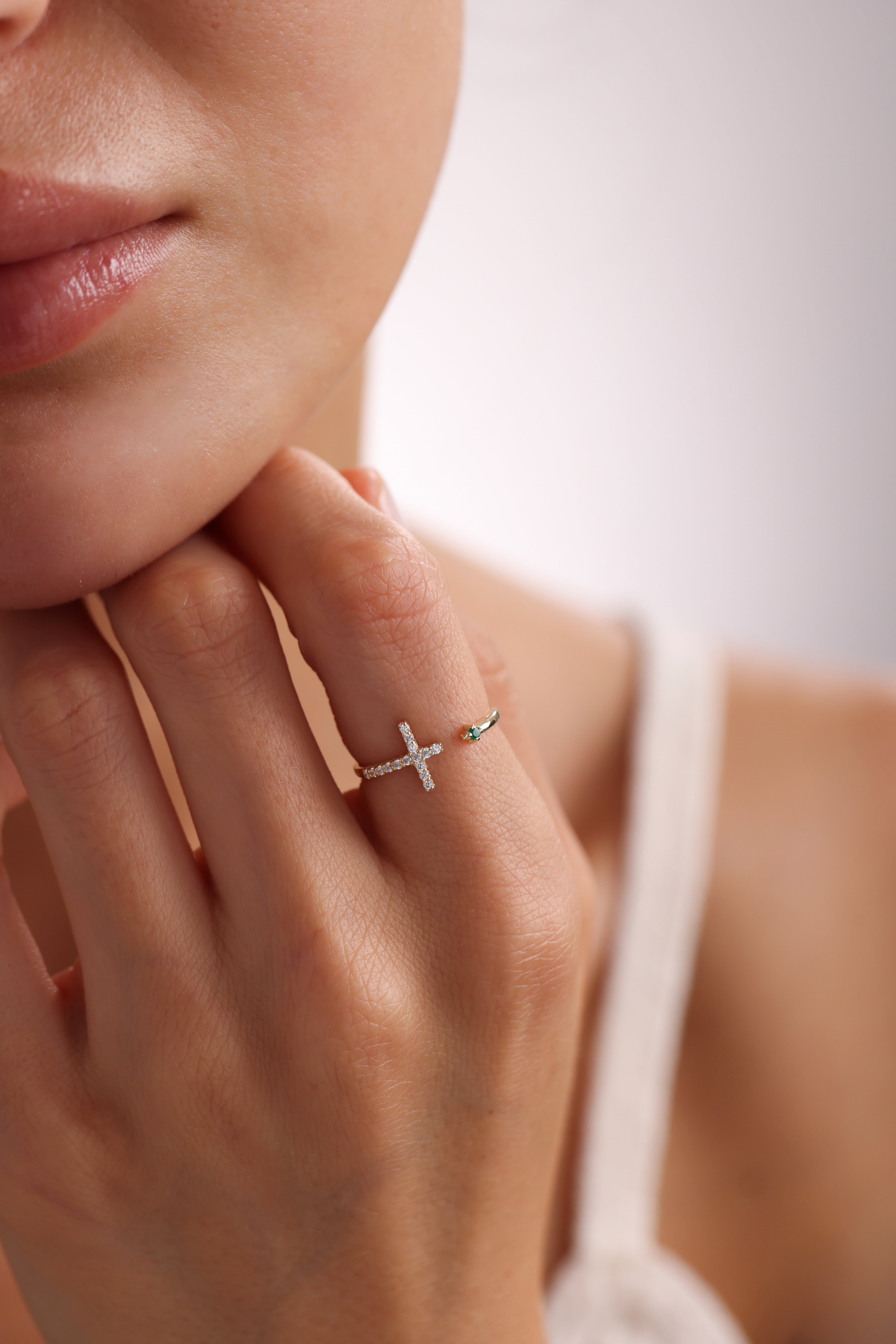 14k Gold Diamond Cross Open Ring with Emerald Accent
