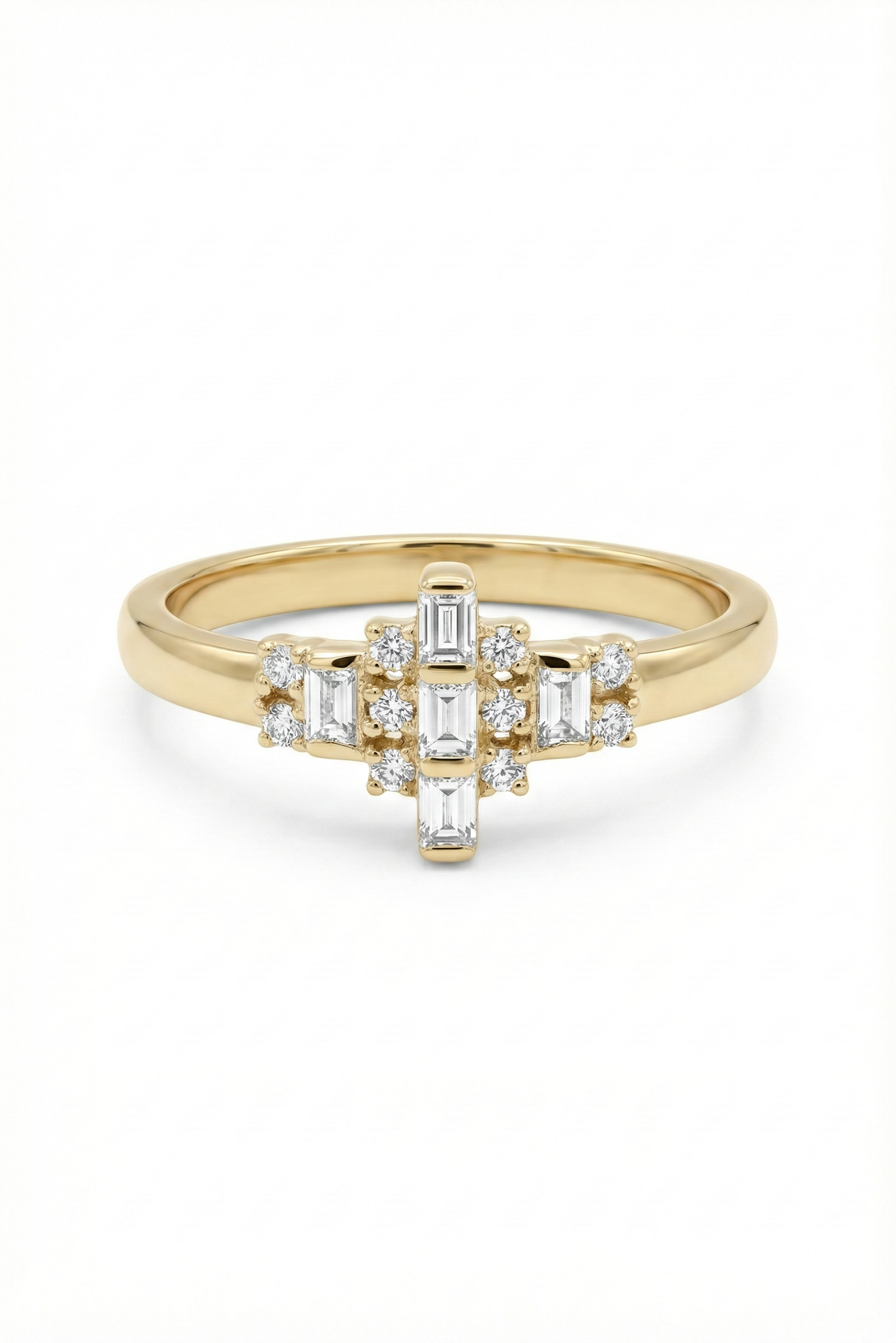 14k Gold Baguette and Round Diamond Cluster Ring