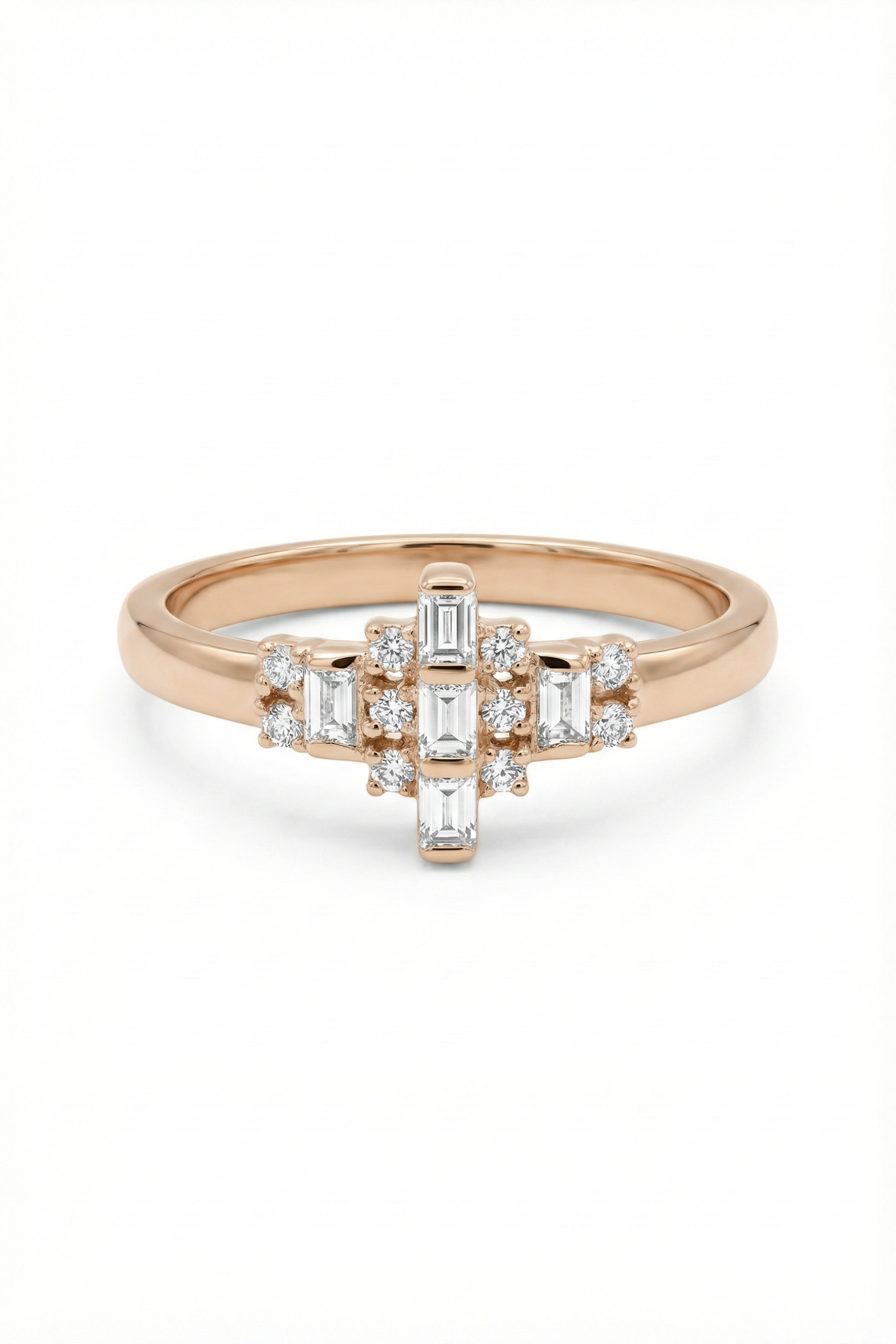 14k Gold Baguette and Round Diamond Cluster Ring