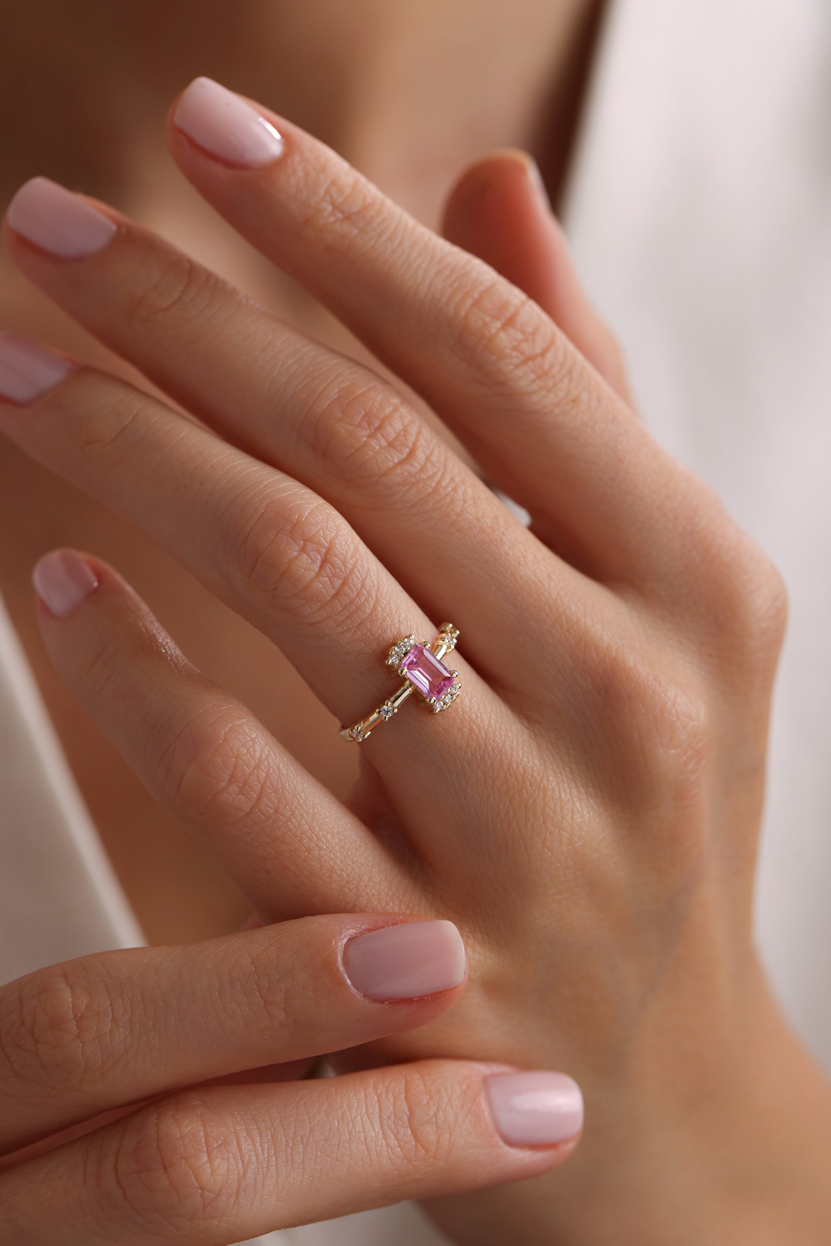 14k Gold Pink Sapphire Baguette Ring