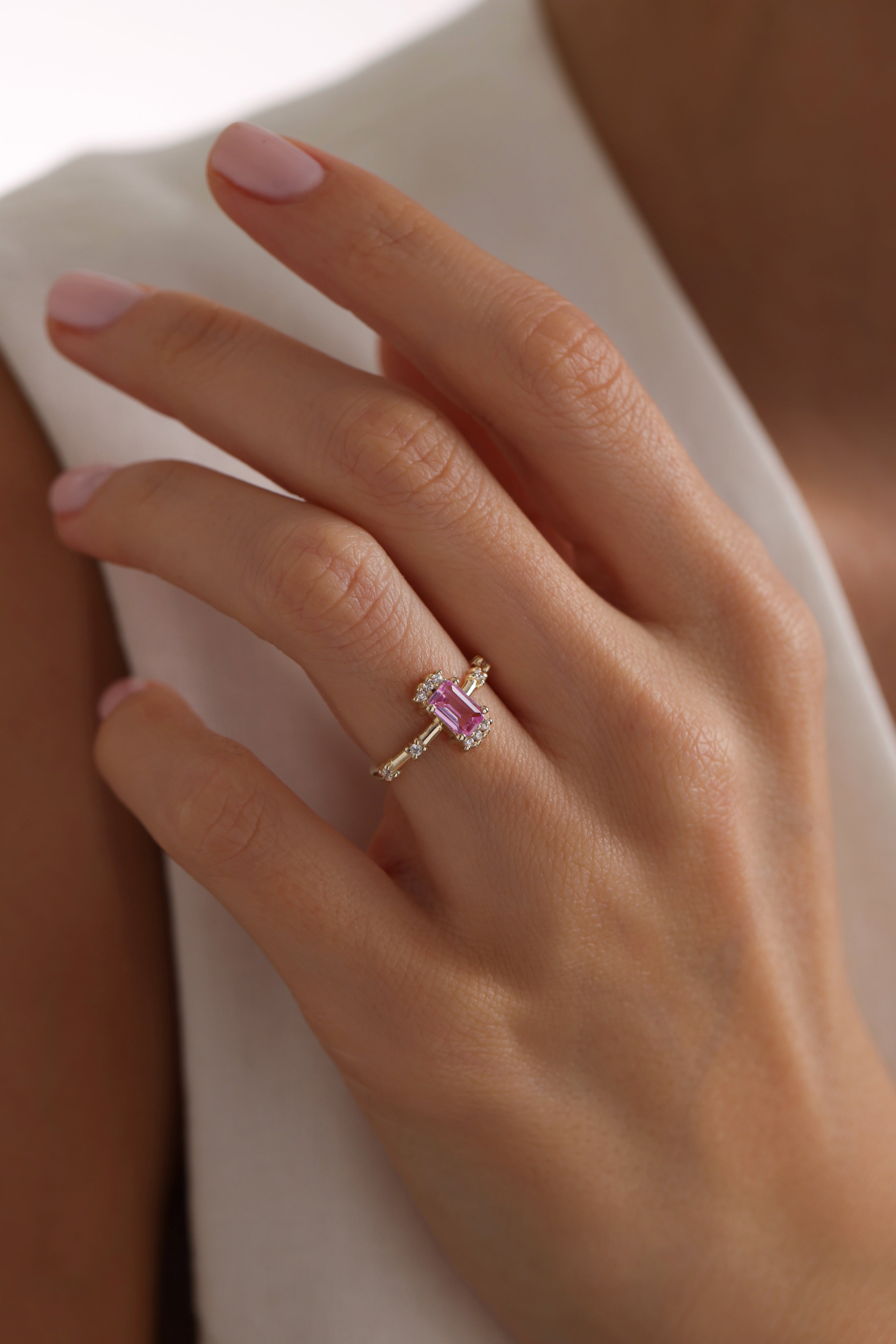 14k Gold Pink Sapphire Baguette Ring