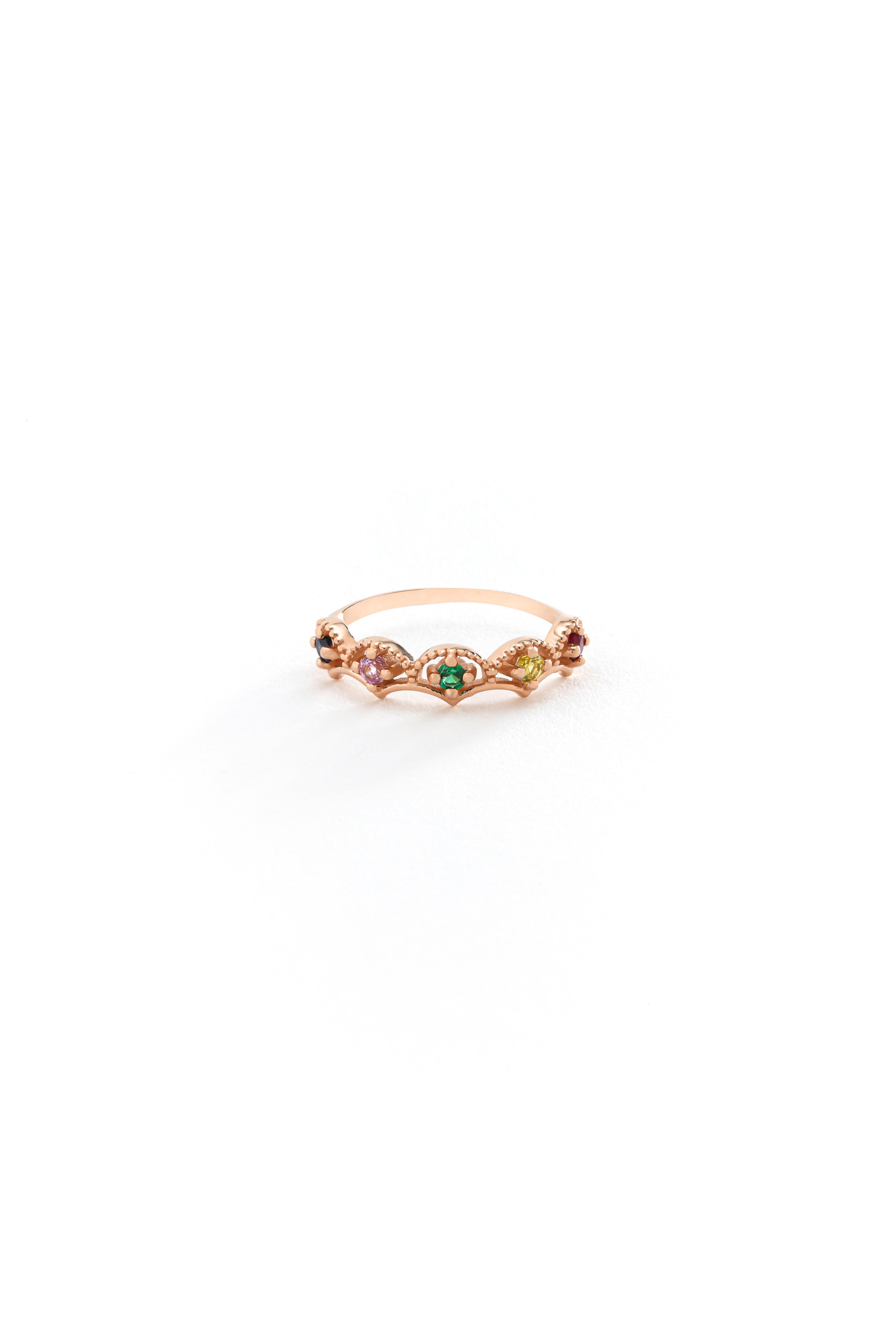 14k Gold Rainbow Crown Ring