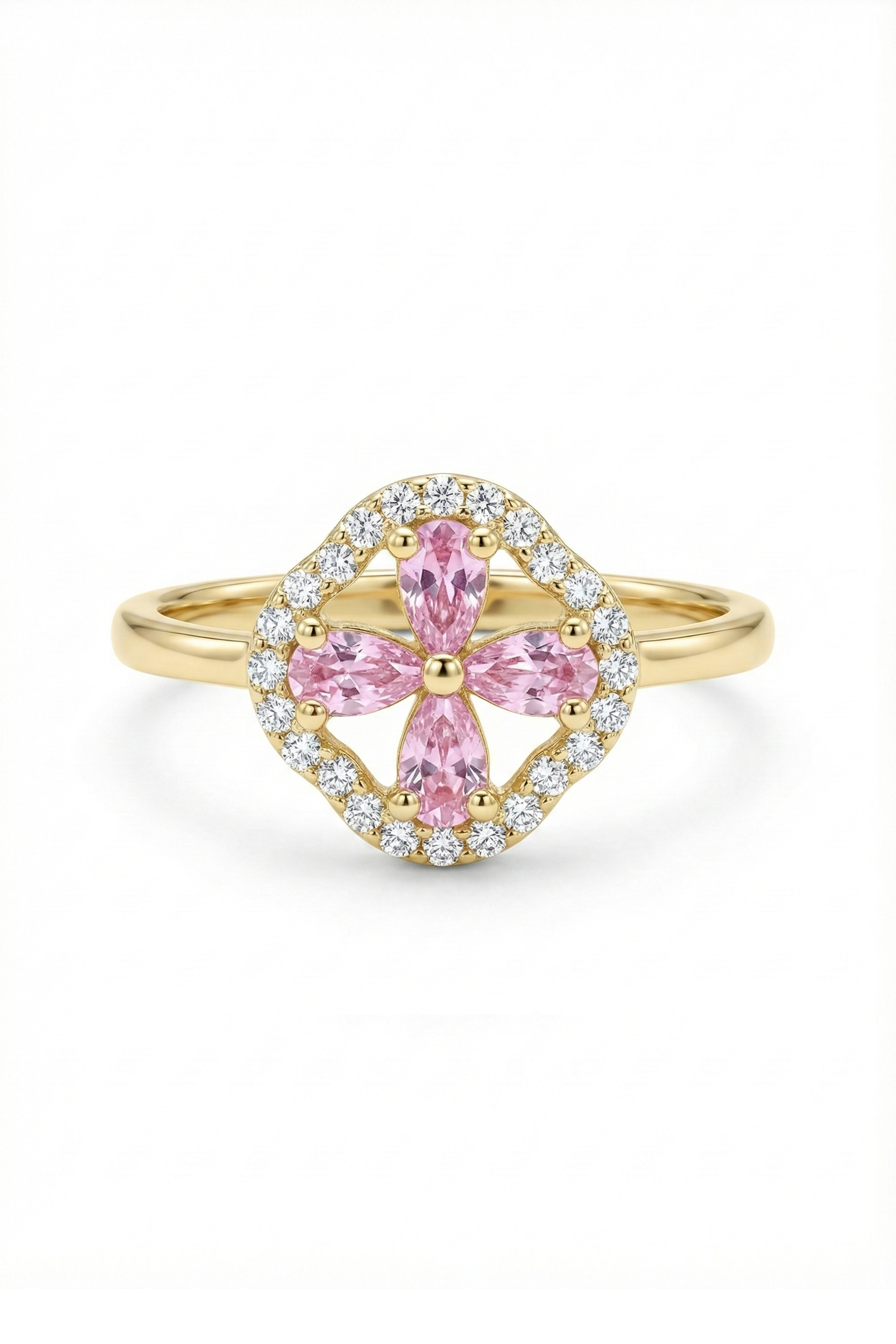 14k Gold Pink Stone Clover Ring